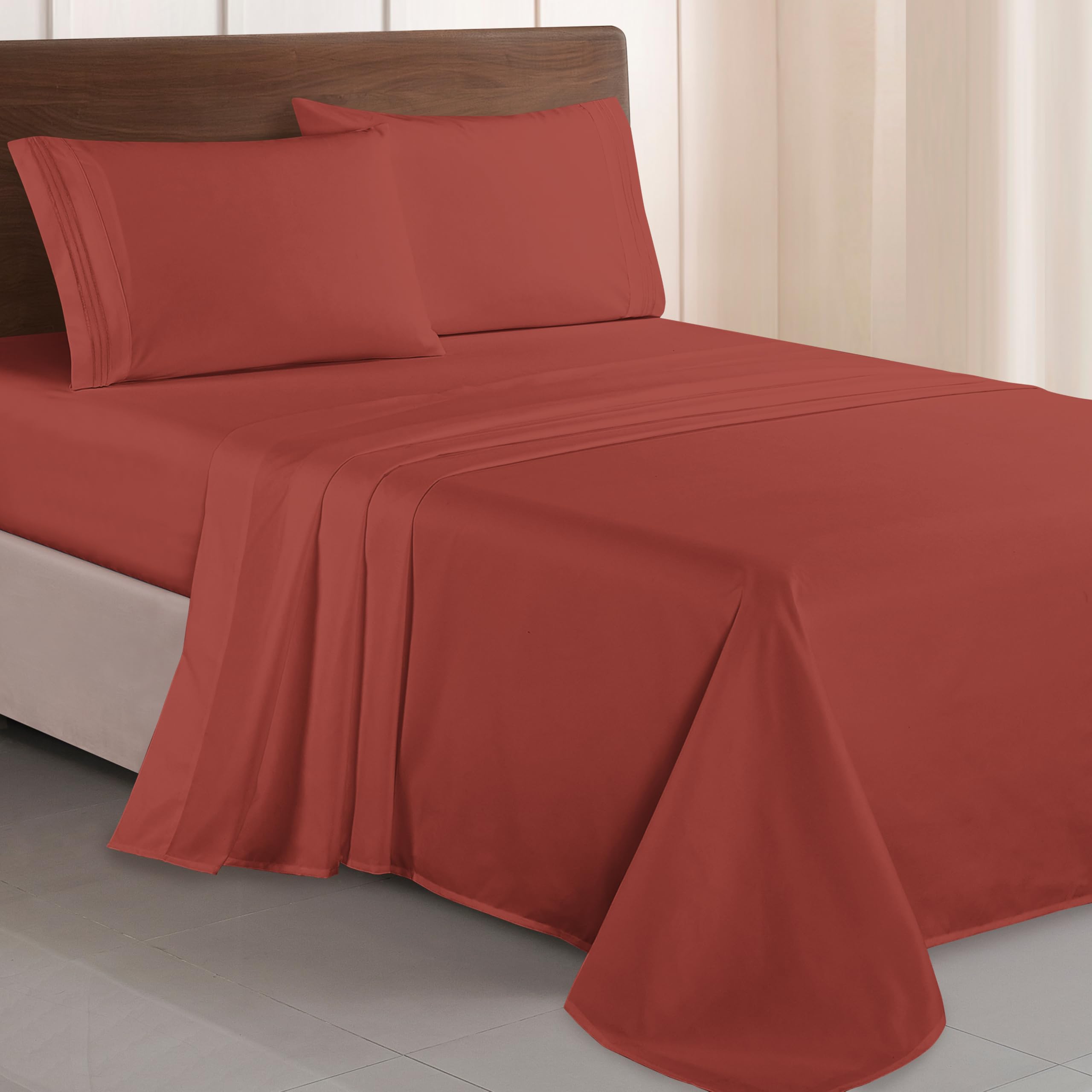 Elegant Comfort Luxurious 1500 Premium Hotel Quality Microfiber Three Line Embroidered Softest 4-Piece Bed Sheet Set, Wrinkle and Fade Resistant, Queen, Rust