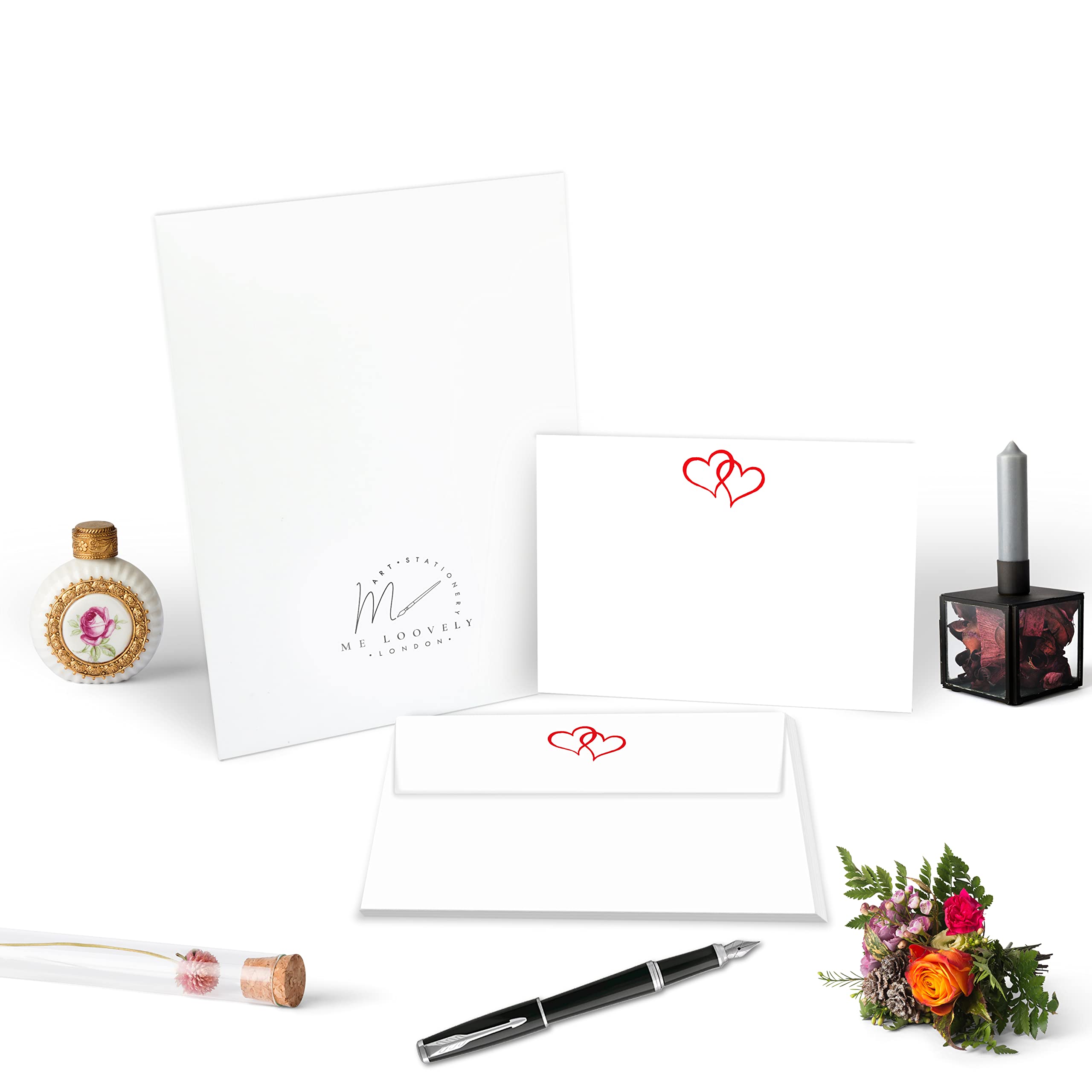 Me Loovely Double Red Love Heart Flat Notecard and Envelopes Sets Stationery Correspondence Note Card A6 Size Notecards Writing Supplies for Home Office | (Pack of 10 with Gift Envelope)