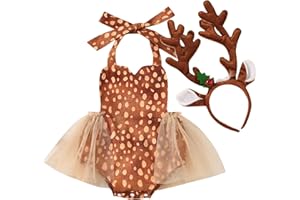 RWYBEIW Baby Girls Christmas Deer Costume Romper Tutu Dress with Antlers Headband Newborn Xmas Reindeer Cosplay Outfit Set