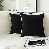 LIGICKY Set of 2 Black Velvet Throw Pillow Covers Modern Minimalist Style Solid Decorative White Rope Edging Soft Square Cushion Cases for Sofa Bedroom Party Décor, 18 x 18 inch
