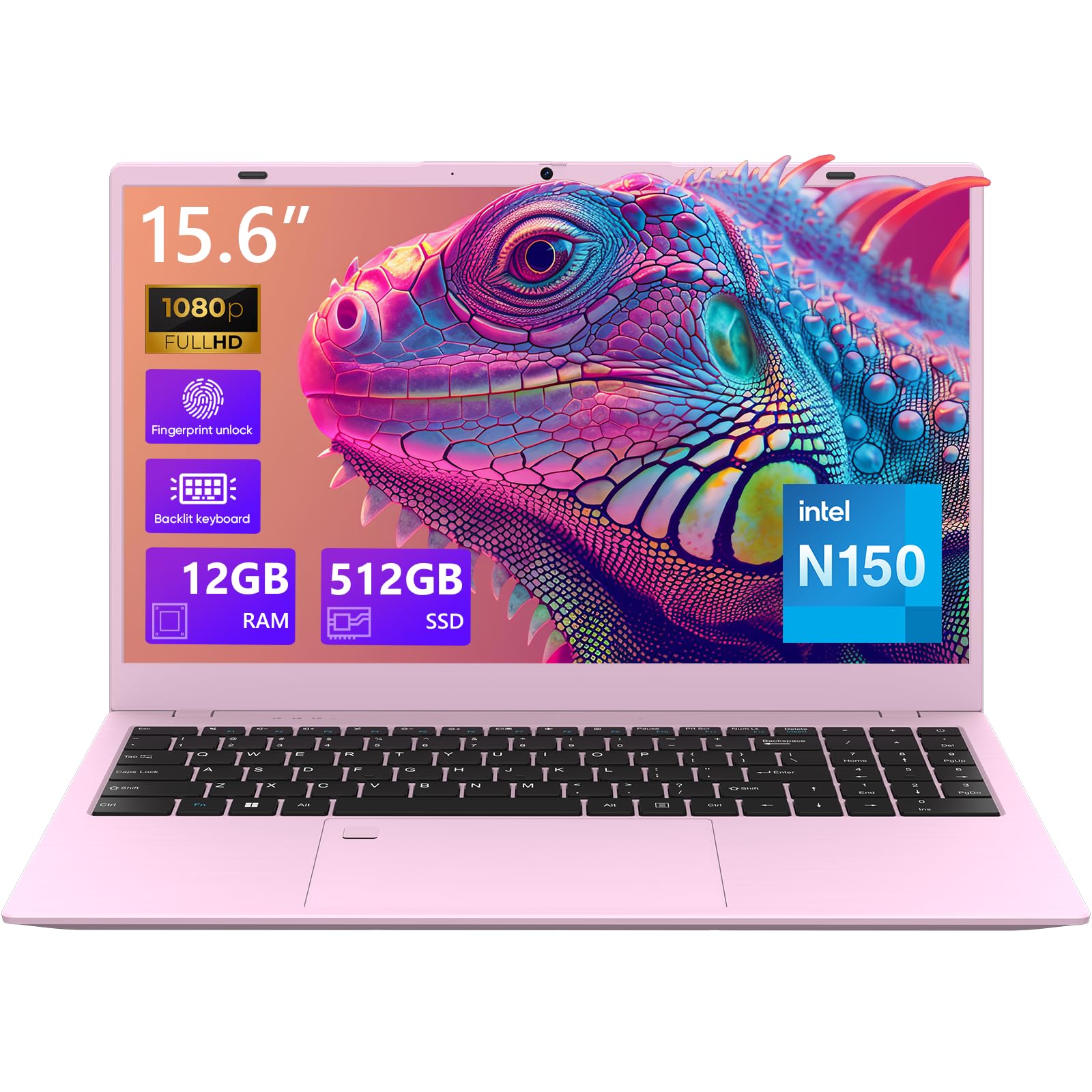 Photo 1 of VIGSENUP Pink Laptop,15.6 Inch Laptop Computer,12GB RAM 512GB SSD,4-Cores N150 Processor(Beat to N95,N5095),Up to 3.6 GHz,Fingerprint, Backlit KB, WiFi6,BT5.2,Webcam,USB-C,Gifts for Women