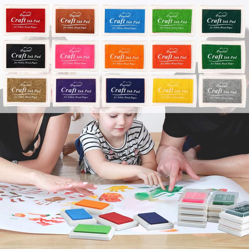 POMISTY Non-Toxic Finger Ink Pads Rubbers Stamps for Card Making Paper Wood Fabric Set of 15 Multicolor