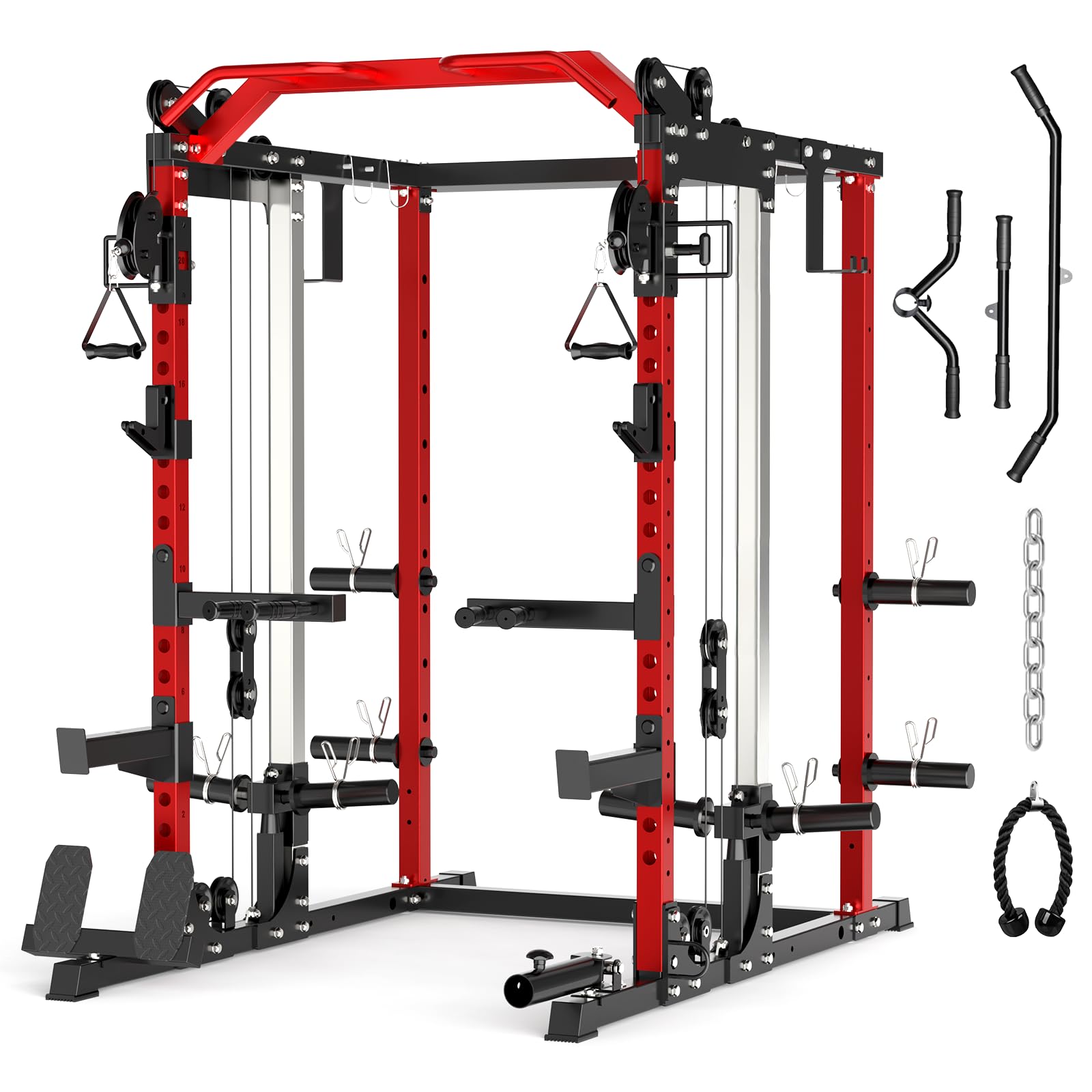 Photo 1 of Roygym Power Cage, 2000LBS Power Rack with Cable Crossover System, All-in-One Squat Rack with Dual Independent Pulley System for Home Gym, Red