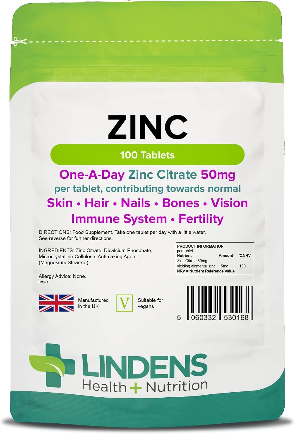 Lindens Zinc Citrate 50mg - 100 Vegan Tablets for Immune & Skin Health