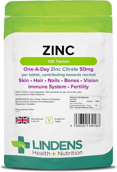 Lindens Zinc Citrate 50mg - 100 Vegan Tablets for Immune & Skin Health