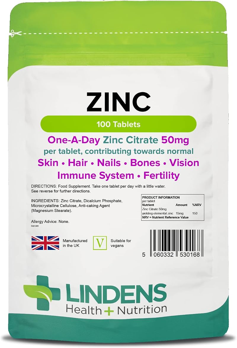 Lindens Zinc Citrate 50mg - 100 Vegan Tablets for Immune & Skin Health