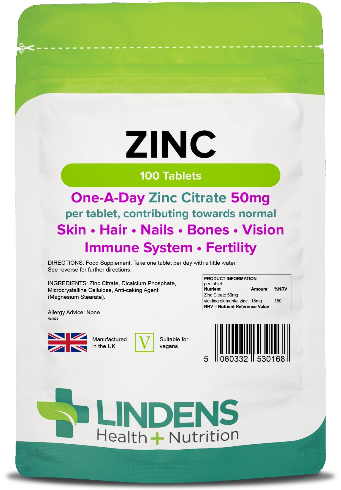 Lindens Zinc Citrate 50mg - 100 Vegan Tablets - Immune Function, Fertility, Healthy Bones, Vision, Hair, Nails and Skin - Made in The UK | (3+ Months Supply) | Letterbox Friendly