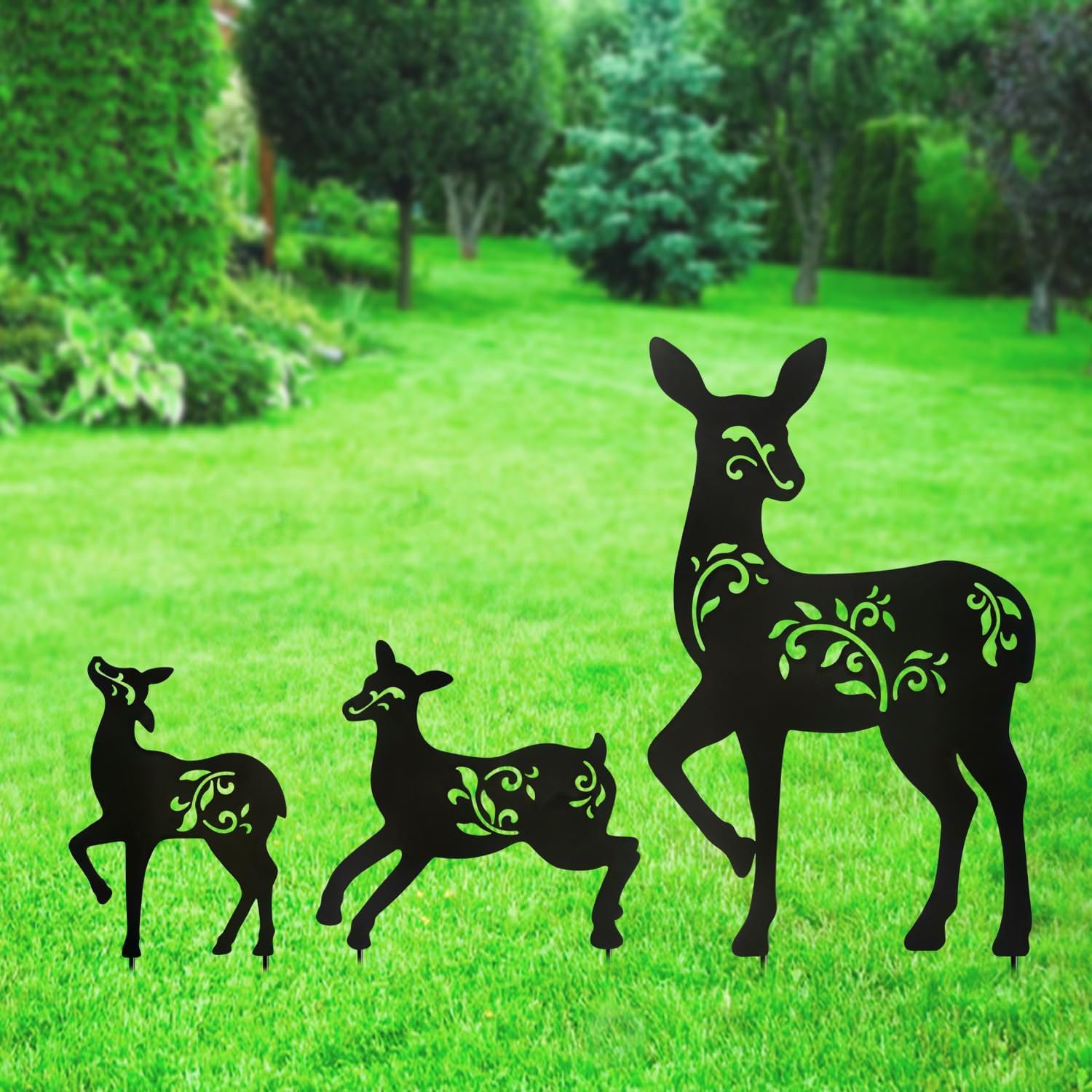 QBMYCN Deer Metal Garden Stakes Decorative,3 Pack Black Deer Silhouette Statues,for Yard, Garden, Lawn Outdoor Decorations.Deer Lovers Gifts