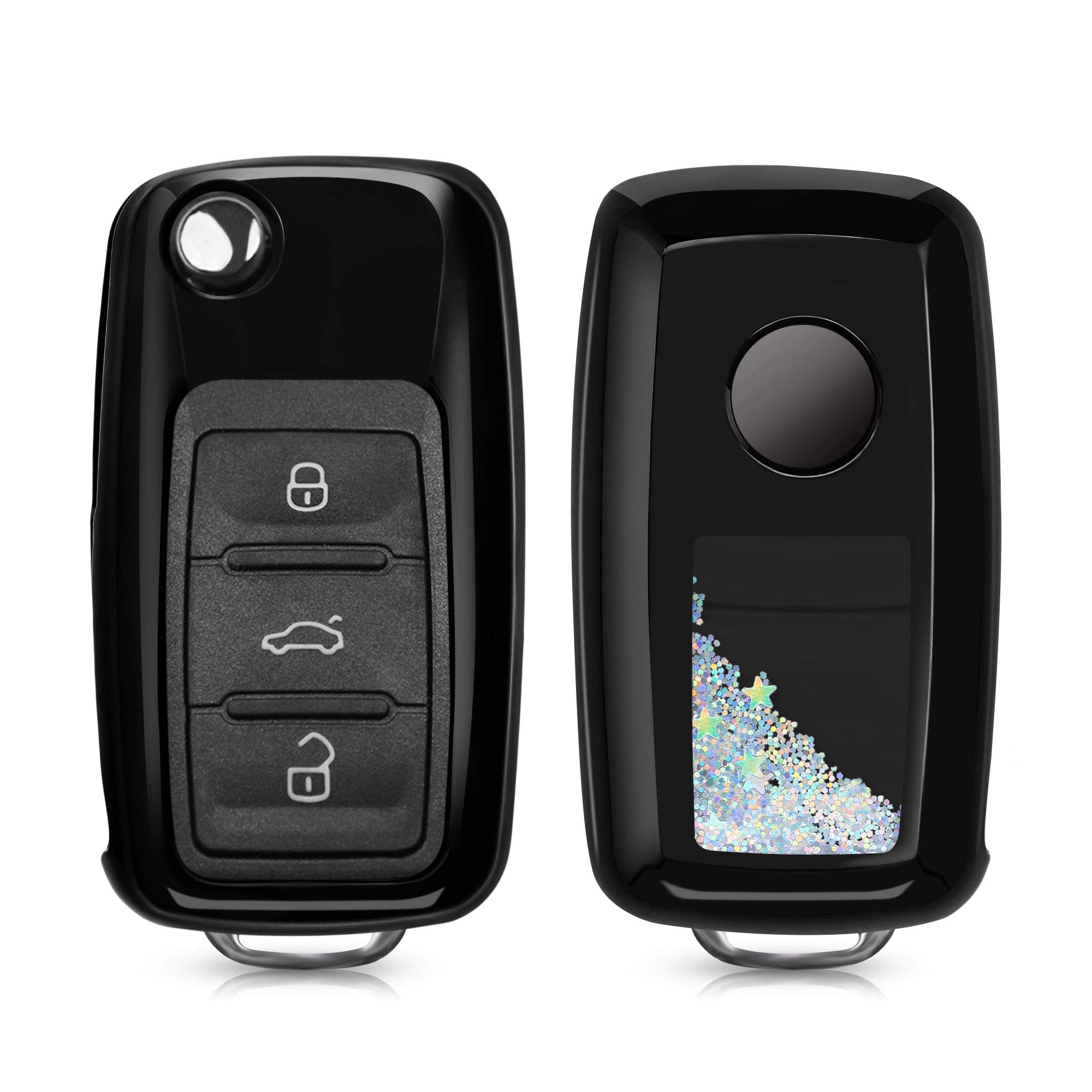 kwmobile Car Key Cover - Soft TPU Silicone Protective Key Fob Cover Compatible with VW Skoda SEAT 3 Button Car Key - Stars Snow Globe Black/Metallic Black