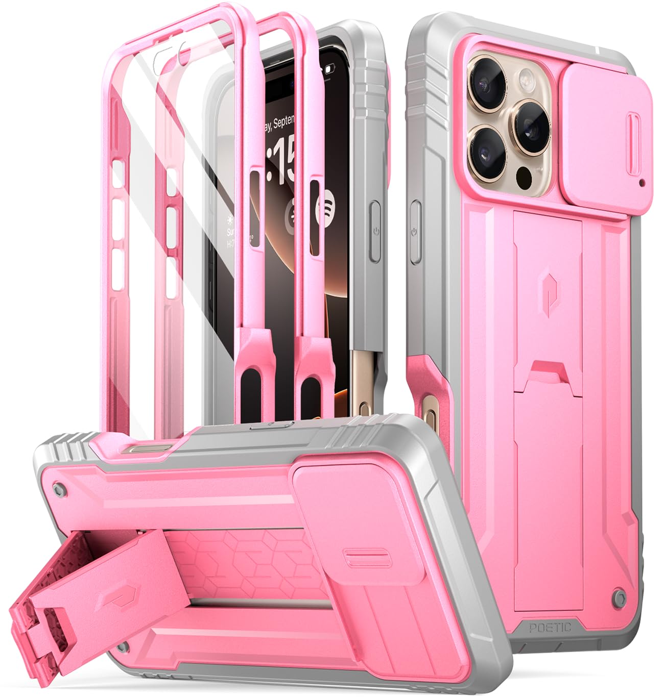 Poetic Revolution Case for iPhone 16 Pro 6.3 inch, [Slide Camera Cover], Full-Body Military Grade Rugged Shockproof Cover with Kickstand and Built-in-Screen Protector, Pink