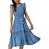 Allegra K Summer Midi Dress for Women's Casual Button Down V Neck Cap Sleeve Belted A Line Hallow Out Flowy Dress