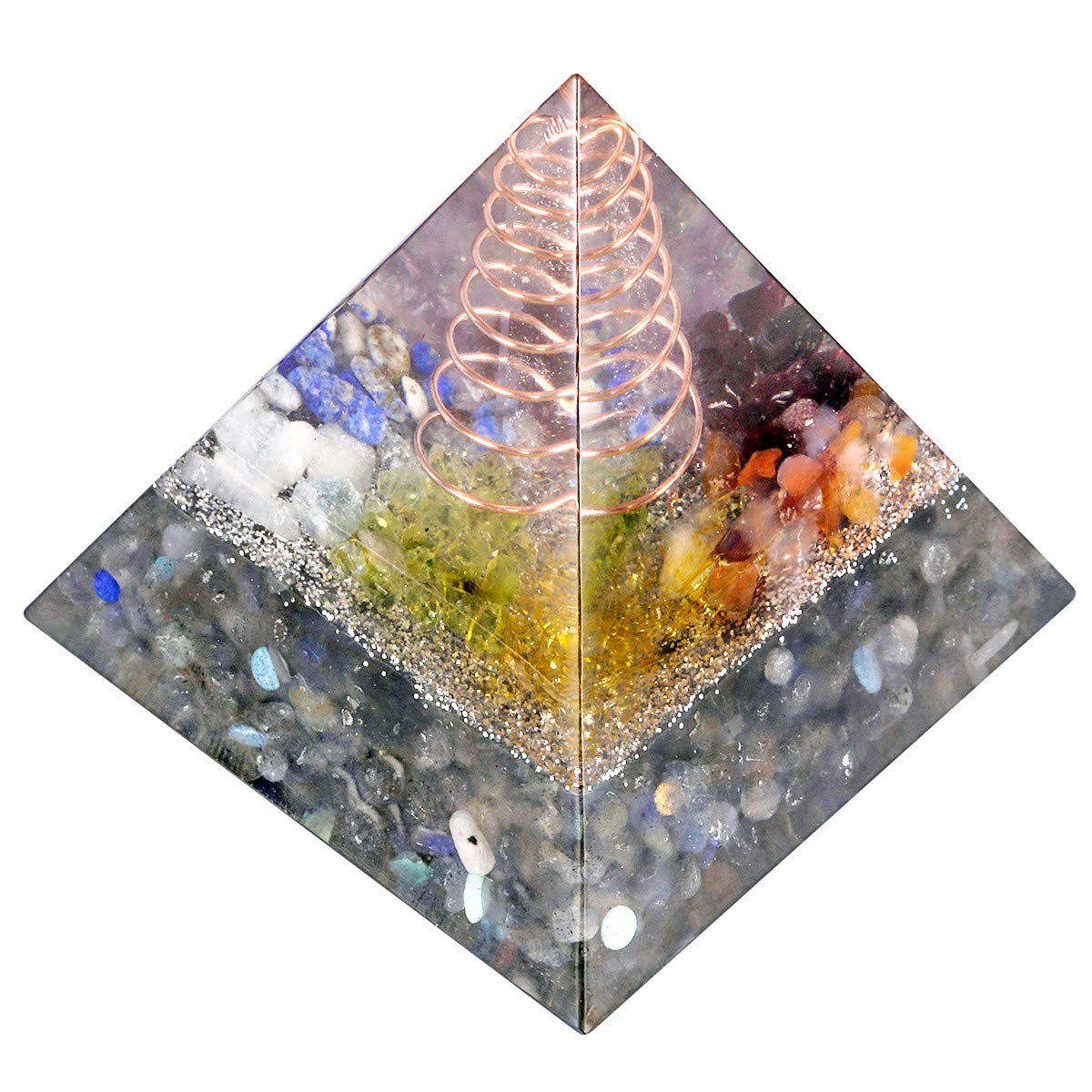 mookaitedecor Natural Labradorite Chakra Crystal Pyramid Aesthetic Room Desk Decor, 5cm Small Copper Resin Colourful Quartz Stone Pyramid Spiritual Chakra Crystal Gift for Reiki Chakra Balancing
