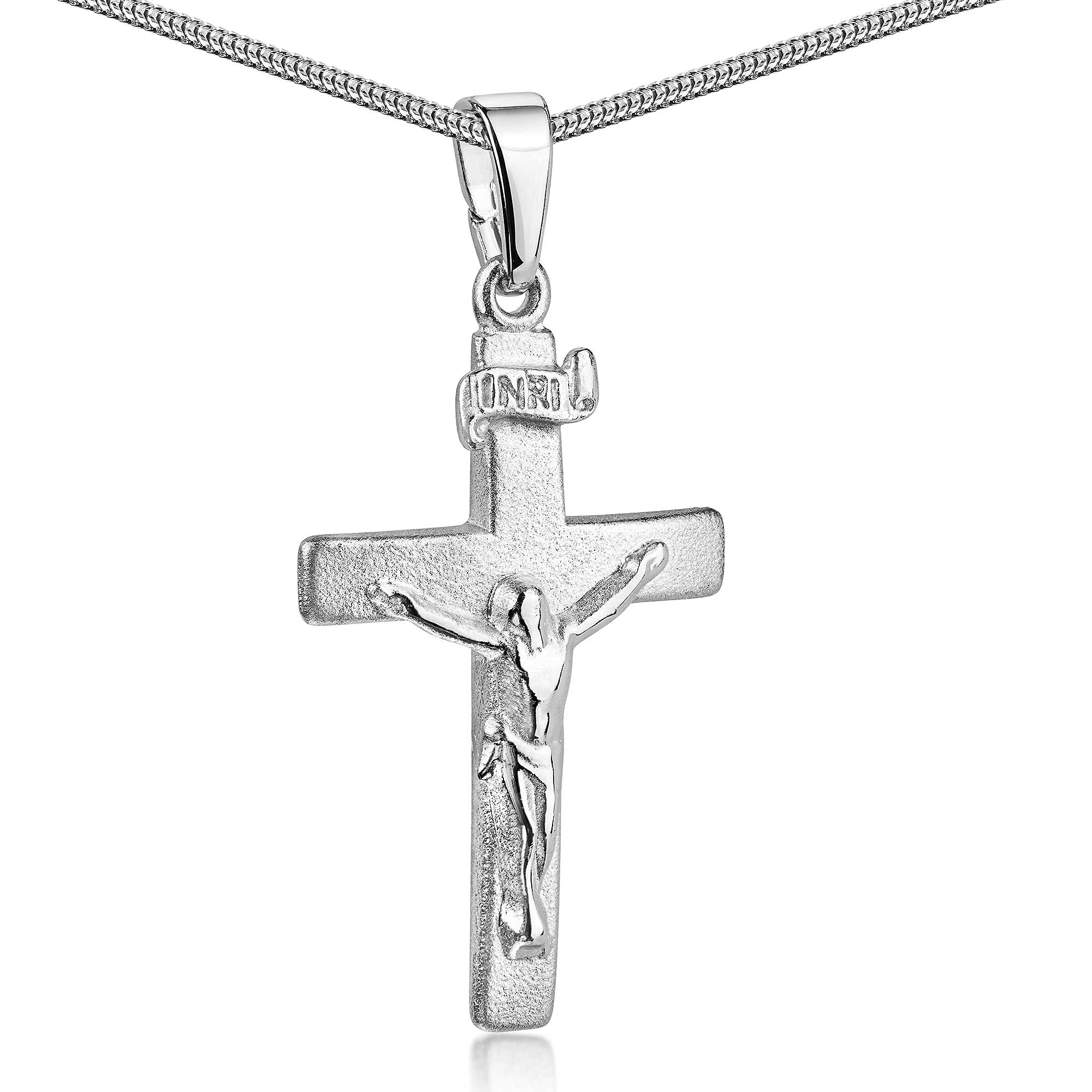Materia Cross Pendant Men Women Made of 925 Silver with Jesus INRI Matte Rhodium Plated – Optional with Chain Cross with 50 cm chain