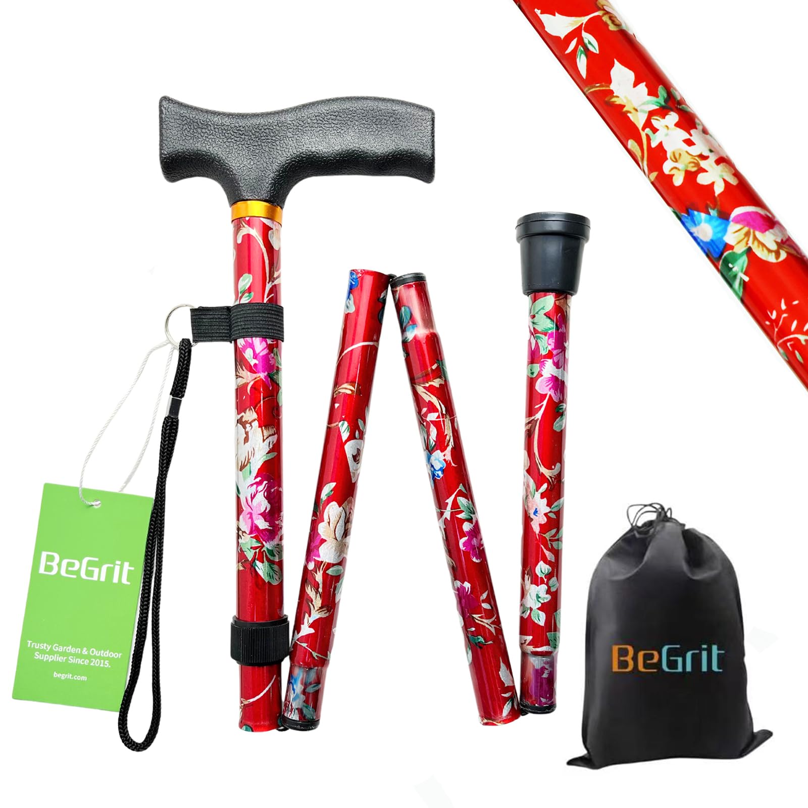 BeGrit Walking Sticks for Women Folding Walking Sticks Adjustable Walking Stick Collapsible Lightweight Flexible Stick Comfortable Grip Durable Mobility Aid for Ladies Men(Red)