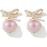 MIKAMU 14k Gold Ribbon Bow Stud Earrings for Women cubic zirconia Dainty Gold Plated Pearl Earring for Women Jewelry