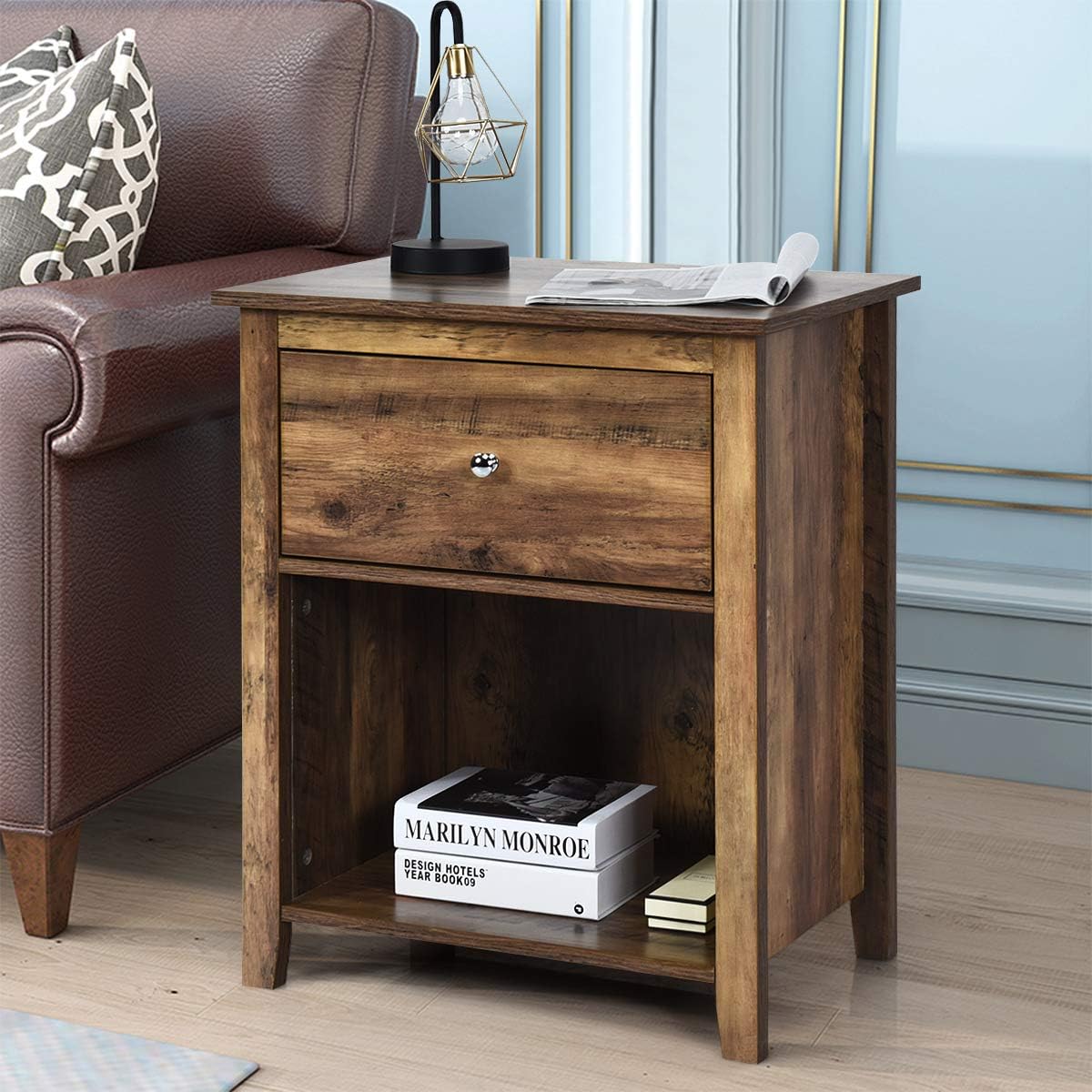 Giantex 2 Tier Nightstand With Sliding Drawer Open Compartment Wood Look Bedside Table Side Table File Cabinet Storage Table For Bedroom End Table Rustic Brown 1 Kitchen Dining Cjp Org In