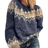 Women's Knitted Fair Isle Print Retro Sweater Casual Loose Crewneck Long Sleeve Lightweight Cropped Pullover Tops 2025