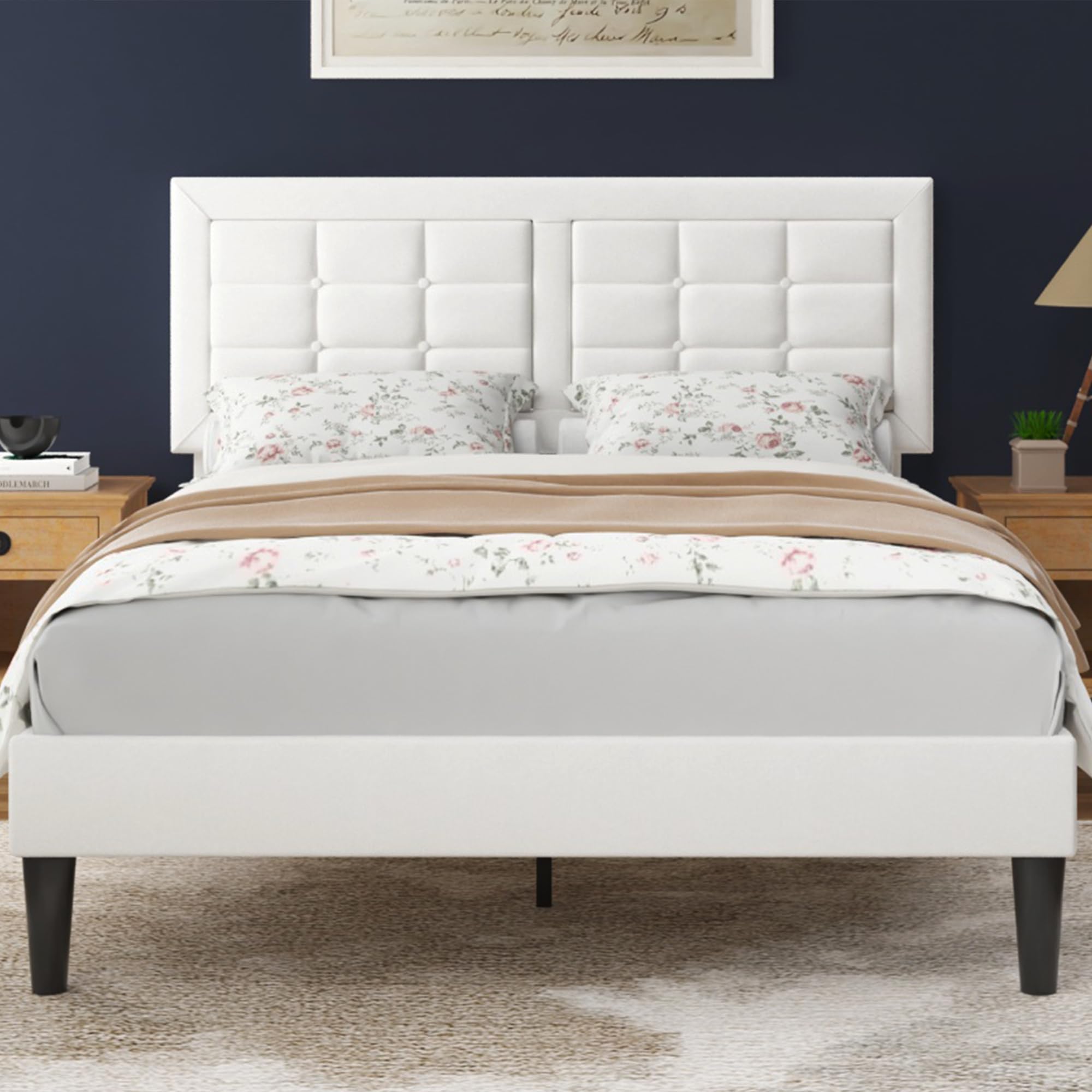VECELO Queen Size Bed Frame with Adjustable Headboard, Upholstered Button Tufted Platform Bedframe with Wood Slats Support, No Box Spring Needed, Linen & White Image VECELO Queen Size Bed Frame with Adjustable Headboard, Upholstered Button Tufted Platform Bedframe with Wood Slats Support, No Box Spring Needed, Linen & White Image