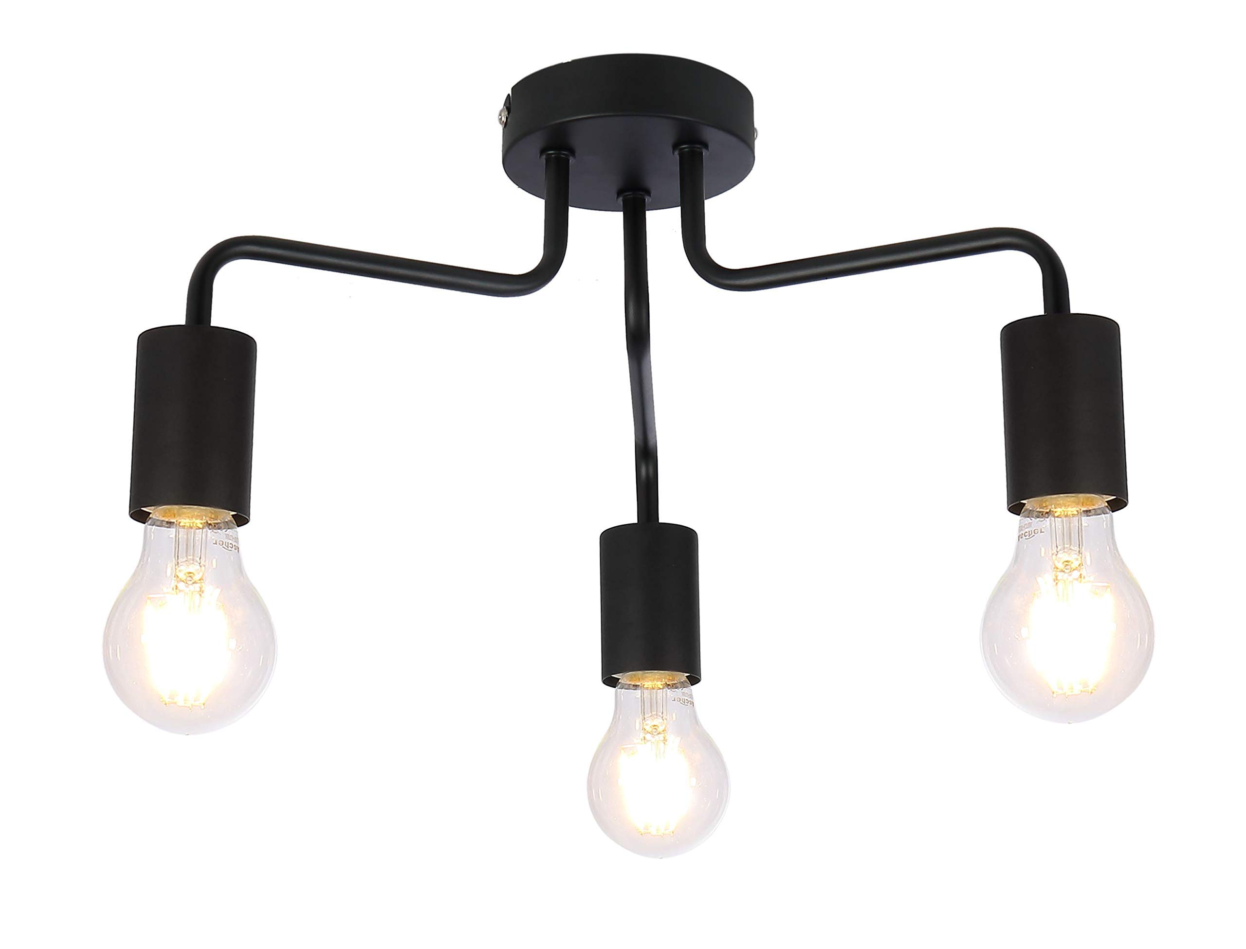 UKEW 3 Way Retro Ceiling Light - Black Vintage E27 LED Compatible Semi Flush Arm Lighting Fixtures for Modern Kitchen Bedroom Lounge