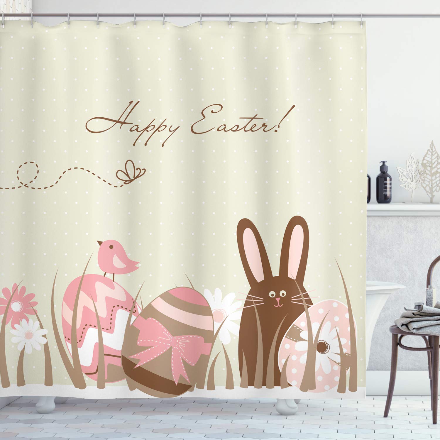 ABAKUHAUS Easter Shower Curtain, Pastel Toned Eggs Birds and Bunny on a Polka Dotted Background Seasonal Holiday, Cloth Fabric Bathroom Decor Set with Hooks, 70 Inches, Multicolor