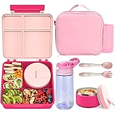 Kids Bento Lunch Box with 8oz Soup Thermo, Water Bottle, Leakproof Lunch Food Containers with 4 Compartment, Kids Insulated Hot Food Jar with Lunch Bag for School(Pink)