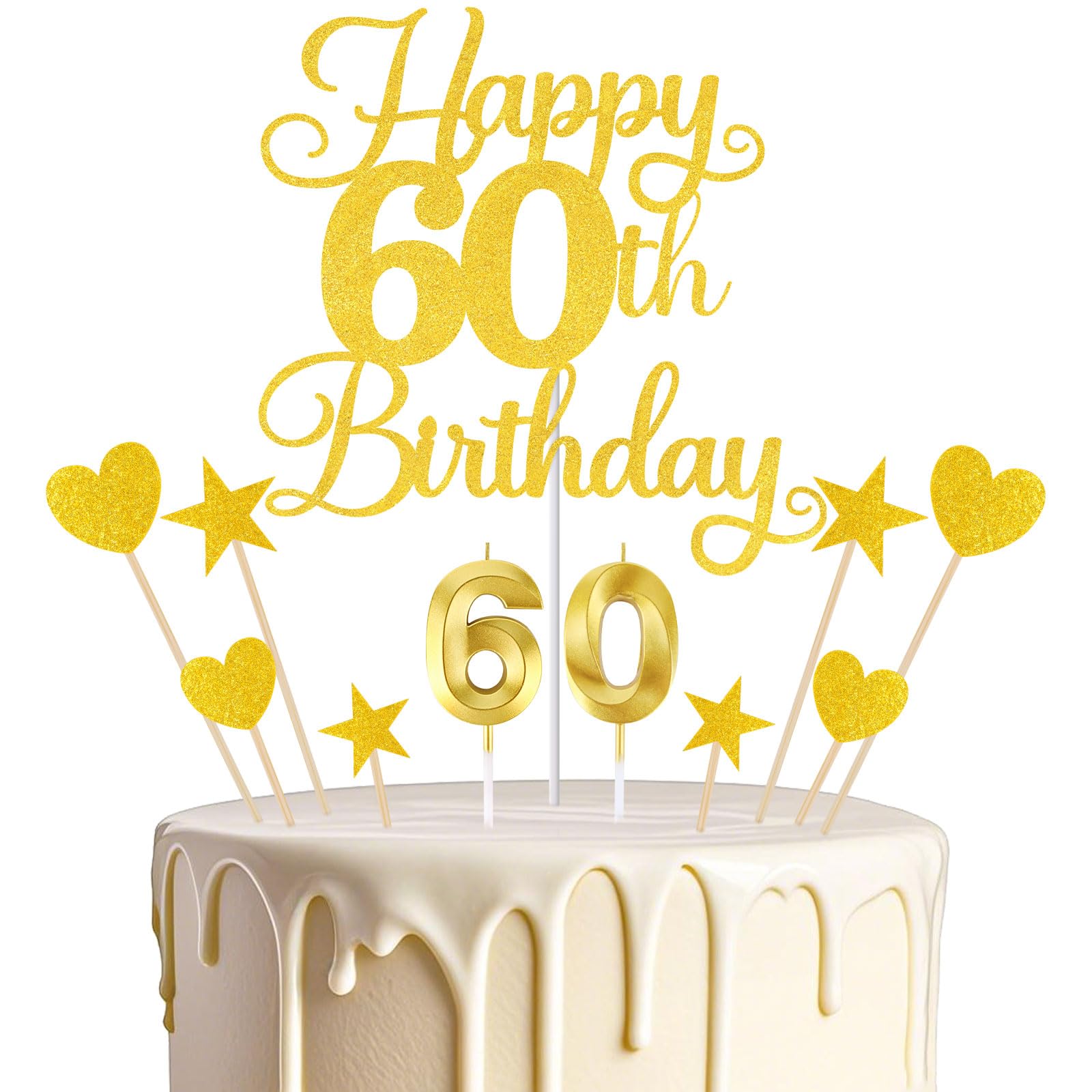 Happy 60th Birthday Cake Topper for 60th Birthday Decorations Numeral 60 Candle with Glitter Heart Cupcake Picks Set for Men Women Hello 60 Birthday Anniversary Party Cake Decor Supplies（GOLD）
