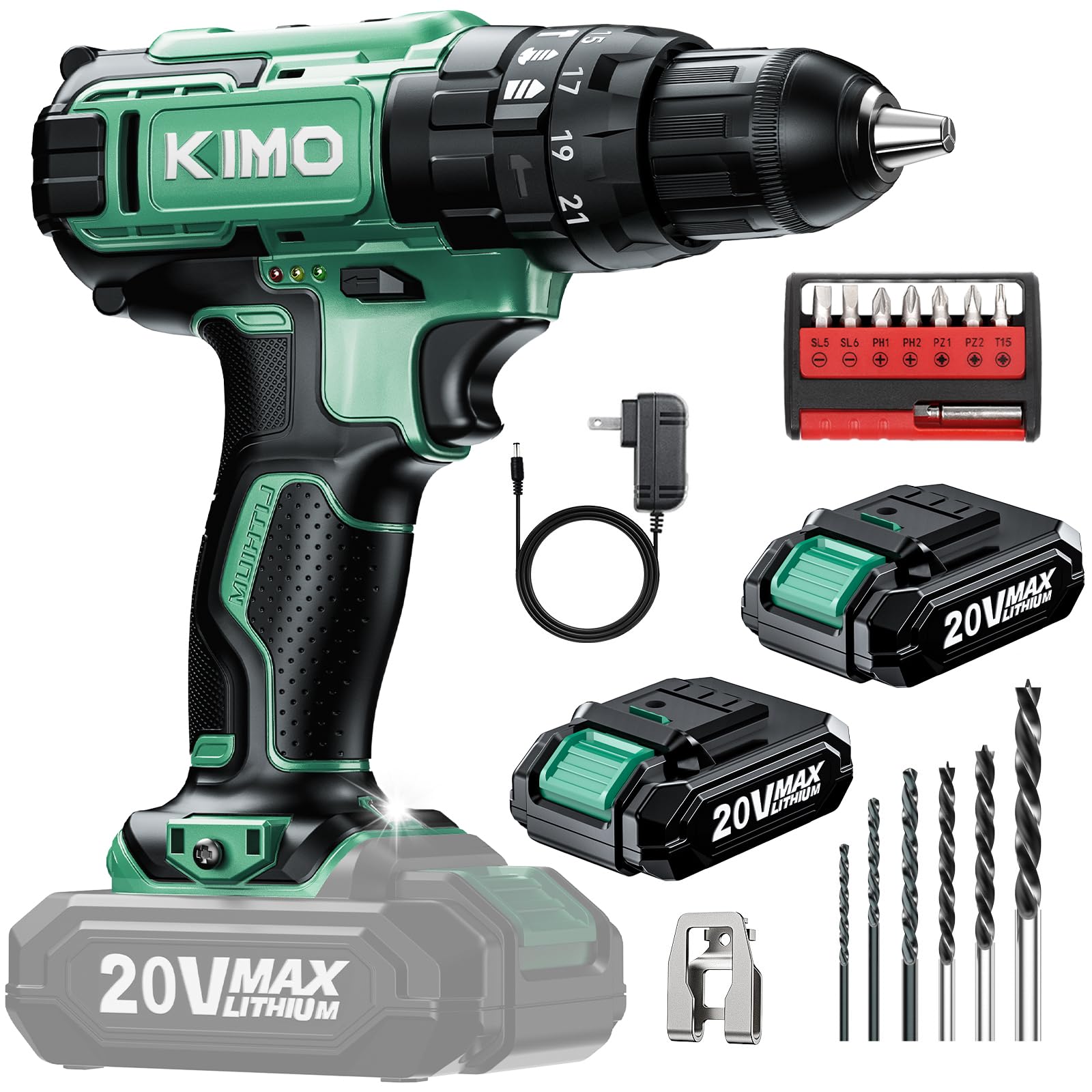 KIMO Cordless Hammer Drill Set with 20V 2.0Ah Battery 2 Packs, 21+3 Position, 0-1350 RPM, Max 350 In-lb Torque, 3/8″ Keyless Chuck, 14pcs Accessories, Power Drill for Drilling Wood Bricks Walls Metal