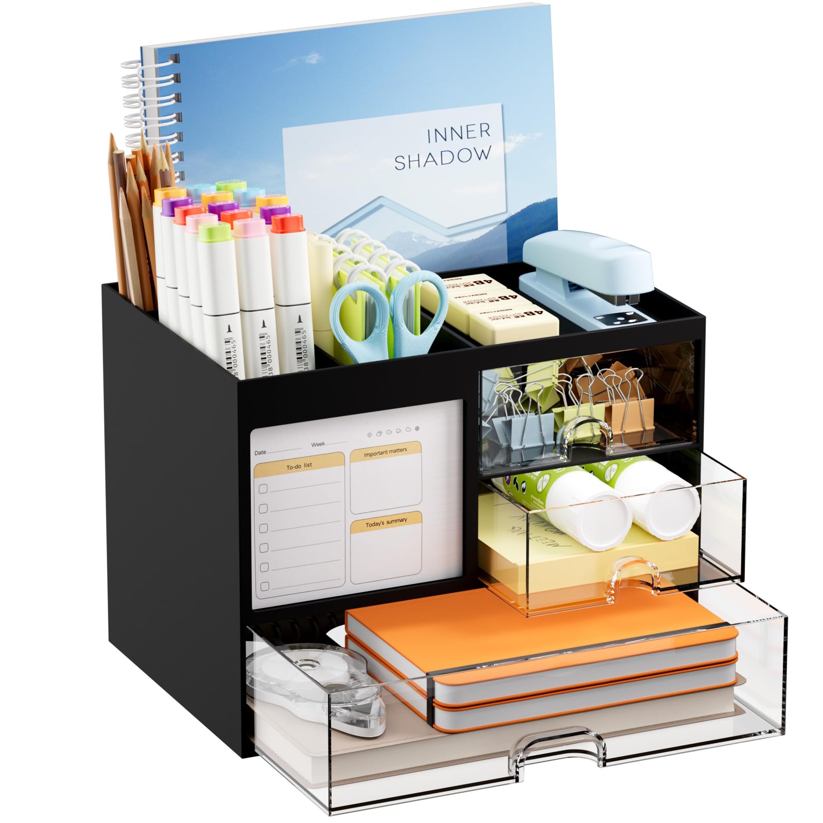 Photo 1 of Marbrasse Desk Organizer with 3 Drawer, Multi-Functional Pencil Pen Holder for Desk, Desk Organizers and Accessories with 4 Compartments, Desktop Organizer Storage for Office Home Art Supplies (Black)