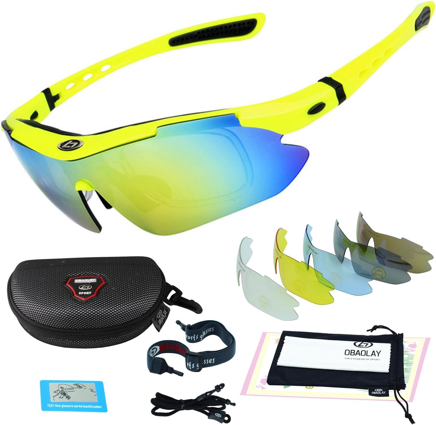 Cycling Sunglasses,Polarized Sports Glasses with 5 Replacement Lenses UV for Cycling Baseball (Fluorescent yellow)
