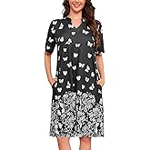 Womens Nightgown Short Sleeve House Dress with Pockets Floral Print Mumu Dress Casual Loose S-3XL