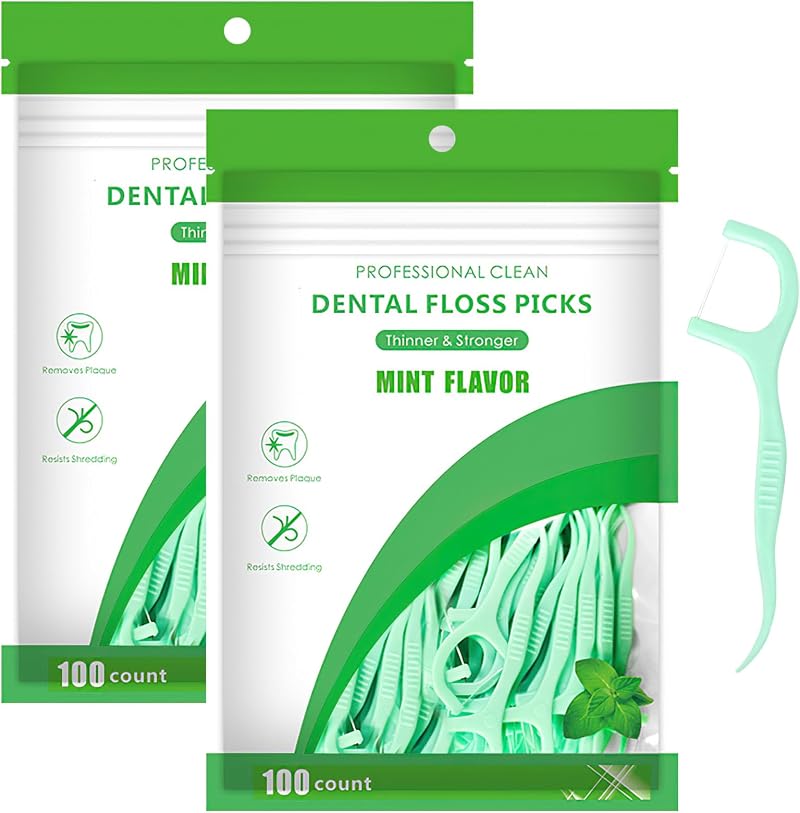 Hemiks 200 Pcs Dental Floss 2 in 1 Toothpick Sticks Green 7.5CM