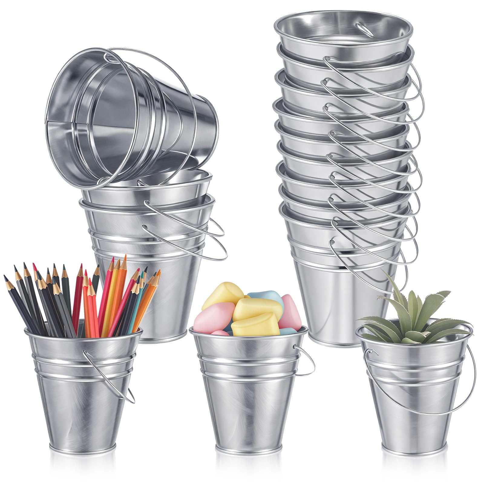 Photo 1 of Sadnyy 12 Pcs 3.5in Small Metal Buckets with Handle, Mini Metal Pail Tin Galvanized Pail Container for Trick or Treat Flower Plant Craft Halloween Party Favors Garden Home Decoration (Silver)