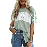 Dokotoo Summer Tops Trendy Oversized 2026 Crewneck Casual Color Block Striped Womens Shirts Blouses