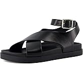 CUSHIONAIRE Emoji Platform Sandal for Women | Vegan Leather Crisscross Straps & Adjustable Ankle Buckle | Comfortable Walking Sandals | Slip-On Sandals for Women | Wide Width Available