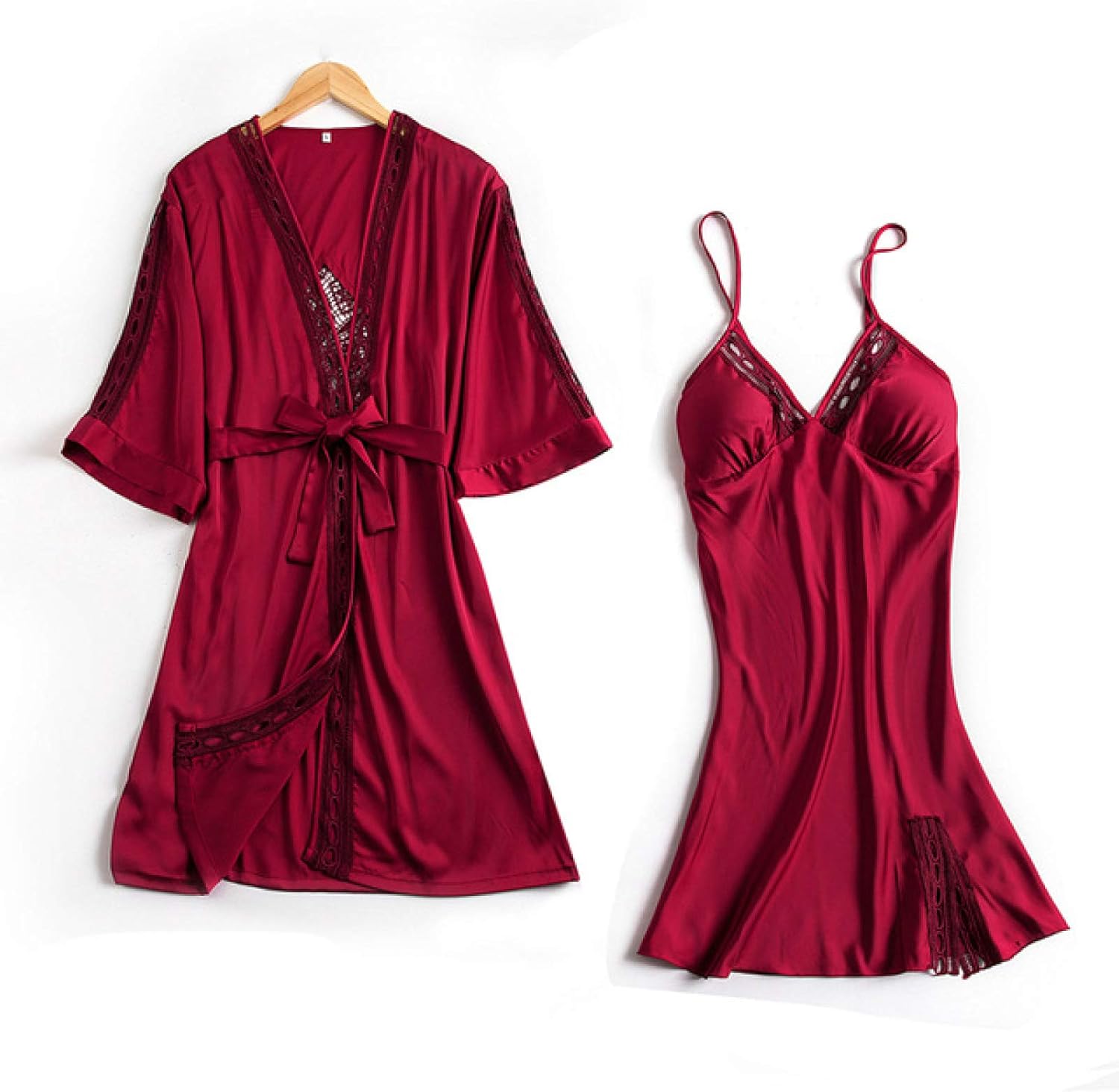 Women'S Nightdresses Nightshirts Red Polyester Lace TwoPiece Suit Pajamas Sling Nightdress Home