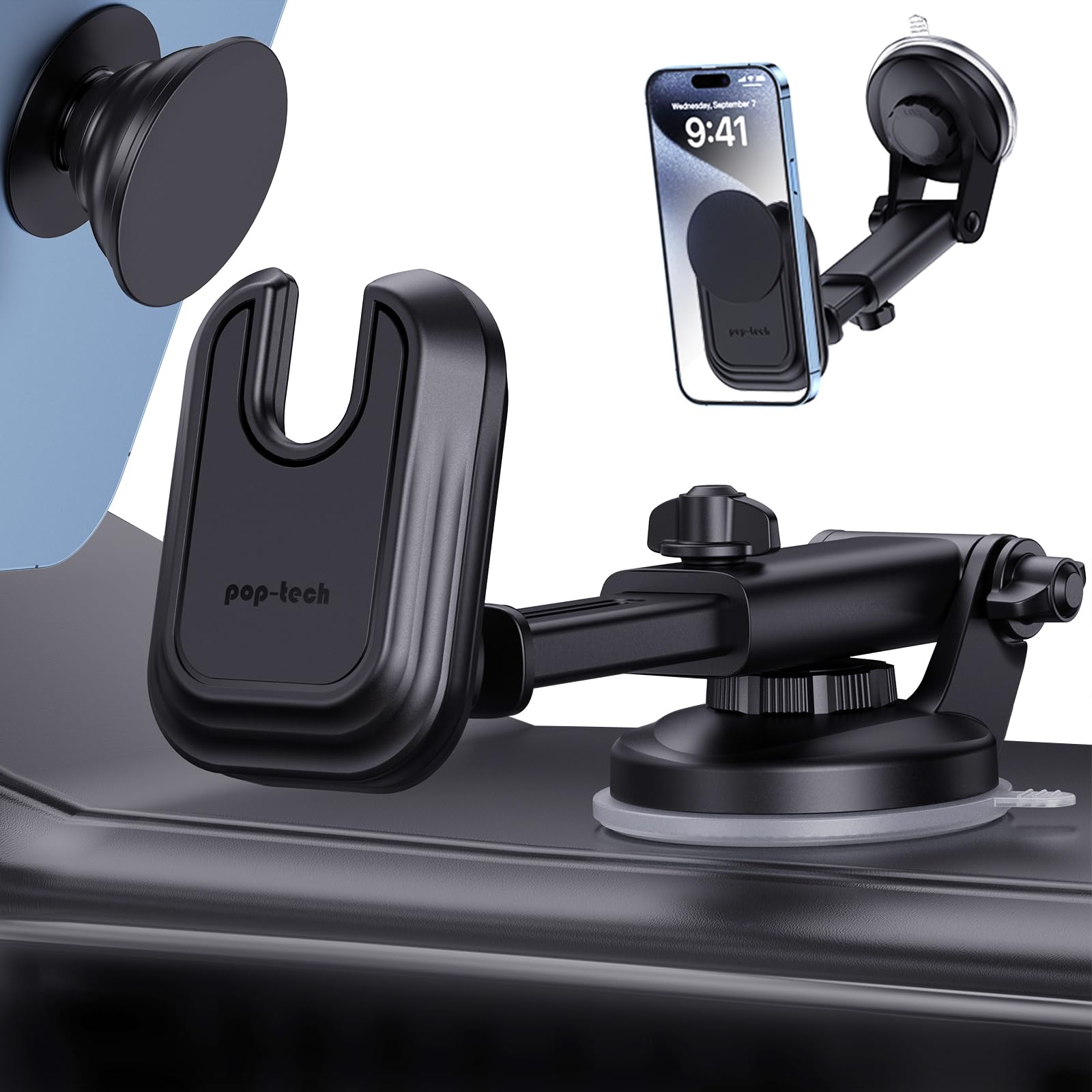 pop-tech Socket Phone Dashboard Mount: Suction Cup Cell Phone Holder fits Dash Windshield Window - Black Universal Car Automobile Cradle for iPhone 16 Samsung Smartphone (Socket Grip Not Included)