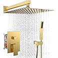 Rain Shower System 10 Inches Shower Head with Handheld Combo Set for Bathroom,High Pressure Rainfall Shower Faucet Set Wall Mounted,Rough-in Valve and Trim Kit(Brushed Gold)