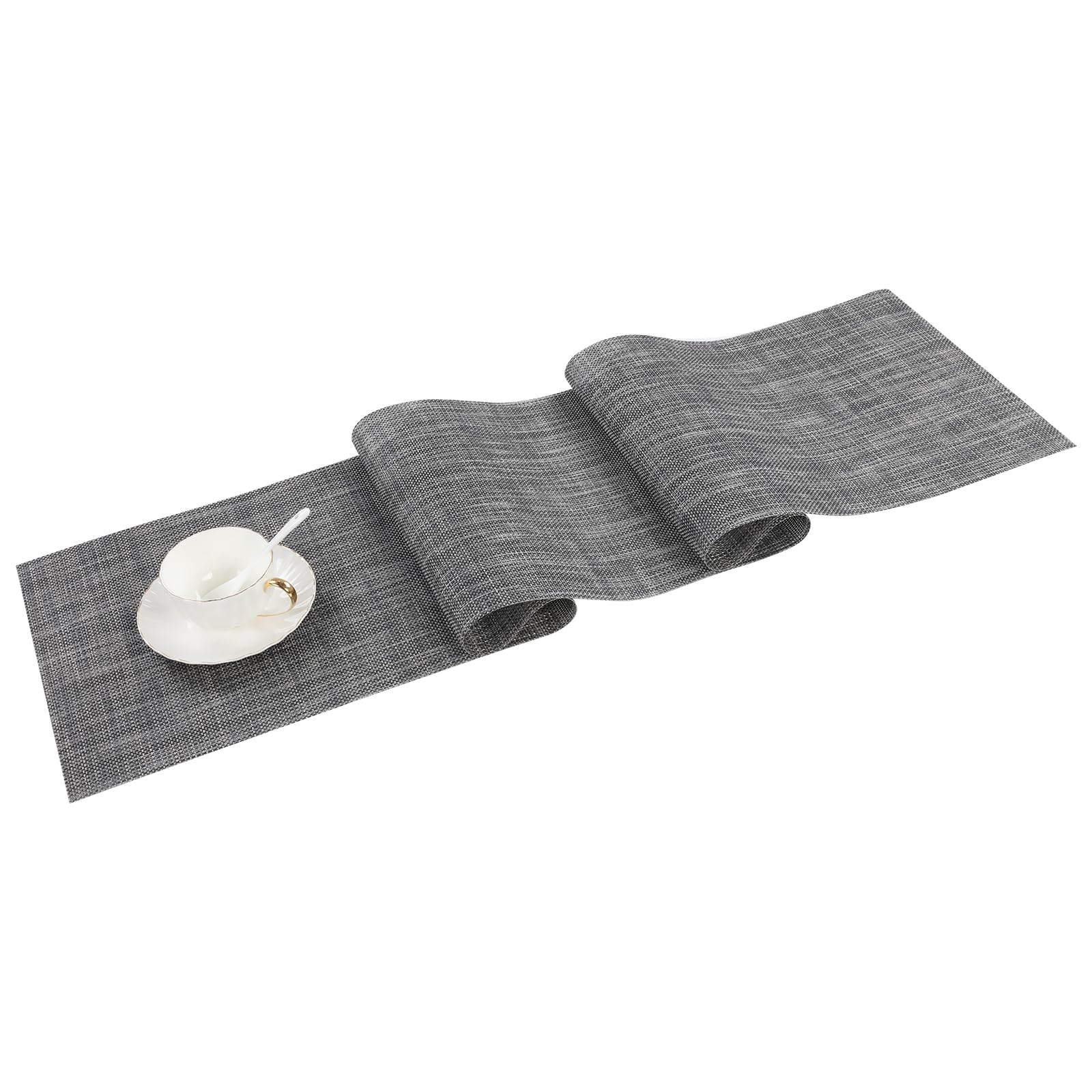 Photo 1 of SHACOS Table Runners 12 x 54 inch Woven Vinyl Linen Weave Table Runners Wipeable Heat Resistant Runner for Dining Table Indoor Outdoor, Dark Gray