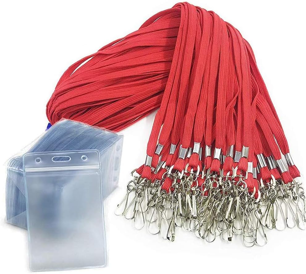 50pack Name Tags with Lanyard Badge Holder Vertical Waterproof Plastic Id Card Holder Lanyards Nametags for desks School Camp Trip Business Event Trade Vertical Name Tag Lanyards Badge Holder(Red)