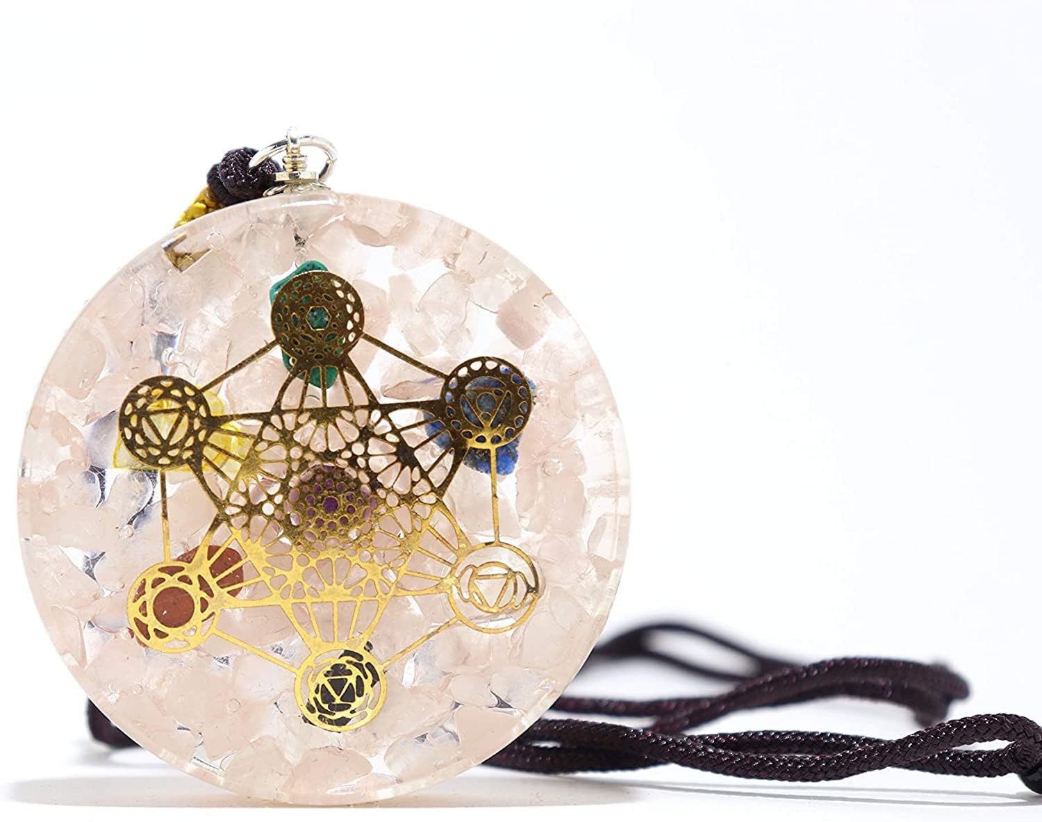 Prajet Rose Quartz Orgone Chakra Pendant Metatron's Cube Merkaba Round 2 inch Approx. Healing Gemstone Chakra Balancing Crystal
