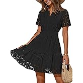 MEROKEETY Women's Spring Summer Lace Boho Dress 2026 Short Sleeve Eyelet Floral Ruffle A Line Vacation Beach Mini Dresses