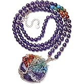 Top Plaza 7 Chakra Healing Crystal Natural Round Gemstone Pendant Necklace Life Tree Copper Wire Wrapped Beads Necklaces Reiki Jewelry for Women