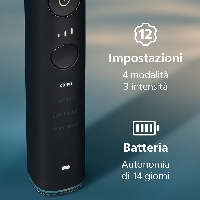 Sonicare DiamondClean Smart 9400 spazzolino elettrico, spazzolino sonico con app, sensore di pressione, 4 modalità di spazzolamento e 3 livelli di intensità, nero, modello HX9918/89
