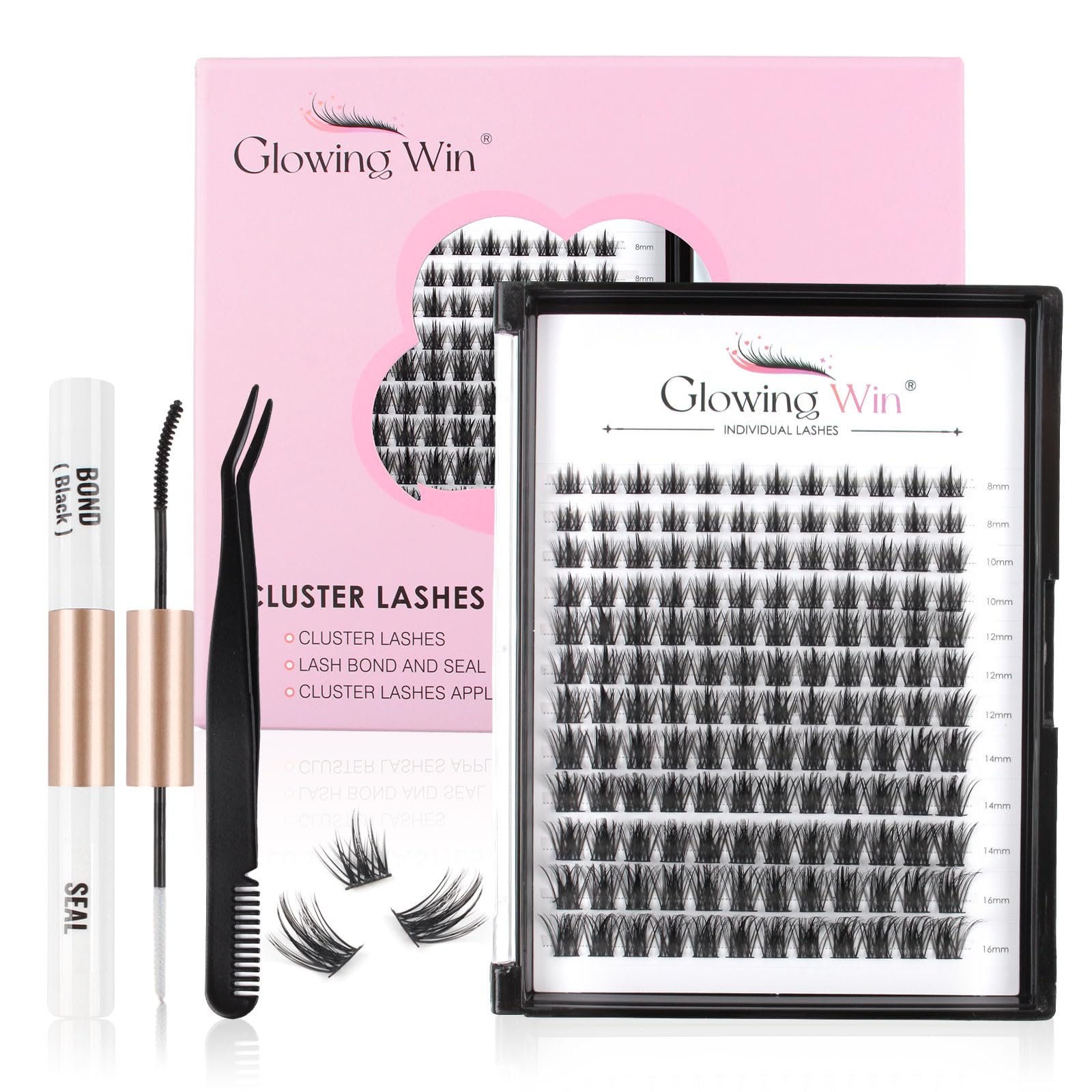 Glowing Win DIY Lash Extension Kit with Lash Bond&Seal and Applicator - Individual Lashes C D Curl Strip False Eyelash Extensions 144PCS Reusable Manga Cluster Eye Lashes Set Mix 8-16mm — image 1