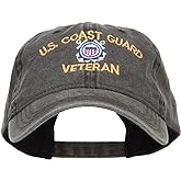 US Coast Guard Veteran Embroidered Washed Cap | Pre-curved bill, 6-panel unstructured low-profile construction, adjustable buckle closure, ventilation holes, cotton