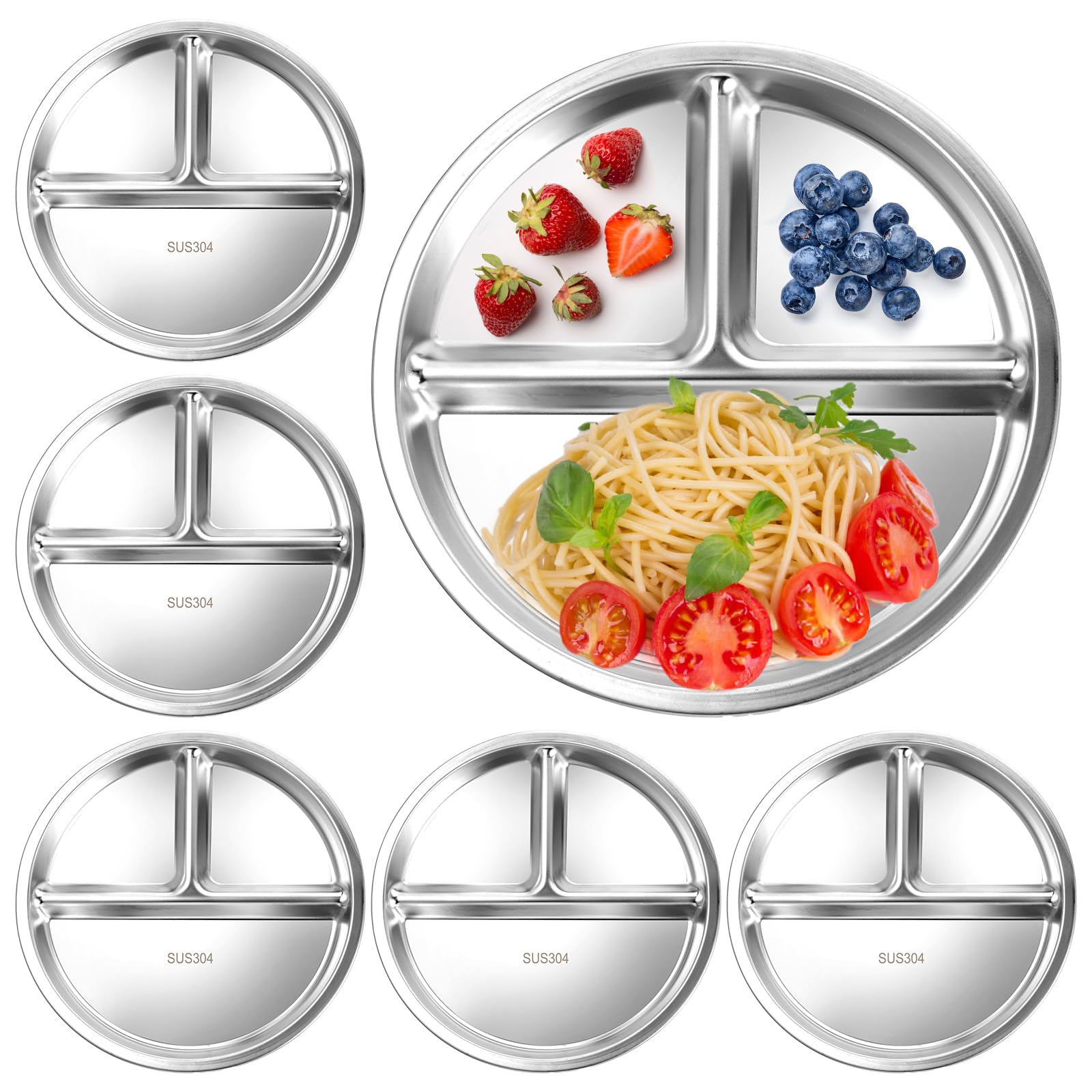Photo 1 of  Stainless Steel Kids Plates Round Divided Plates 3 Sections Diet Control Dinner Tray Compact Food Serving Tray 9 Inch Unbreakable Platter Metal Dish for Adults Picky Eaters Campers Lunch Snack