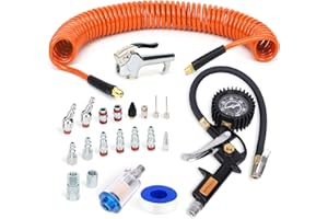 FYPower 22 Pieces Air Compressor Accessories kit, 1/4 inch x 25 ft Recoil Poly Hose Kit, 1/4" NPT Quick Connect Air Fittings, Tire Inflator Gauge, Blow Gun, Air Filter, Swivel Plugs, Orange PU Hose