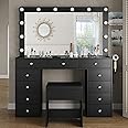 Yanosaku Vanity Desk & Power Outl, Makeup Vanity with Mirror and 12 LED Lights, Makeup Table with 11 Drawers, Vanity Table with Chair，Vanity Set 3 Lighting Modes Brightness Adjustable(Black)