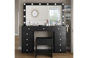 Yanosaku Vanity Desk & Power Outl, Makeup Vanity with Mirror and 12 LED Lights, Makeup Table with 11 Drawers, Vanity Table with Chair，Vanity Set 3 Lighting Modes Brightness Adjustable(Black)