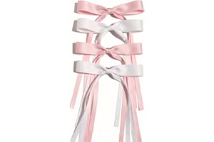 LFOUVRE 4pcs Tassel Ribbon Bowknot Hair Clips with Long Tails, Solid Claw Barrettes with Bows for Girls and Women - Hair Accessories (Pink White)